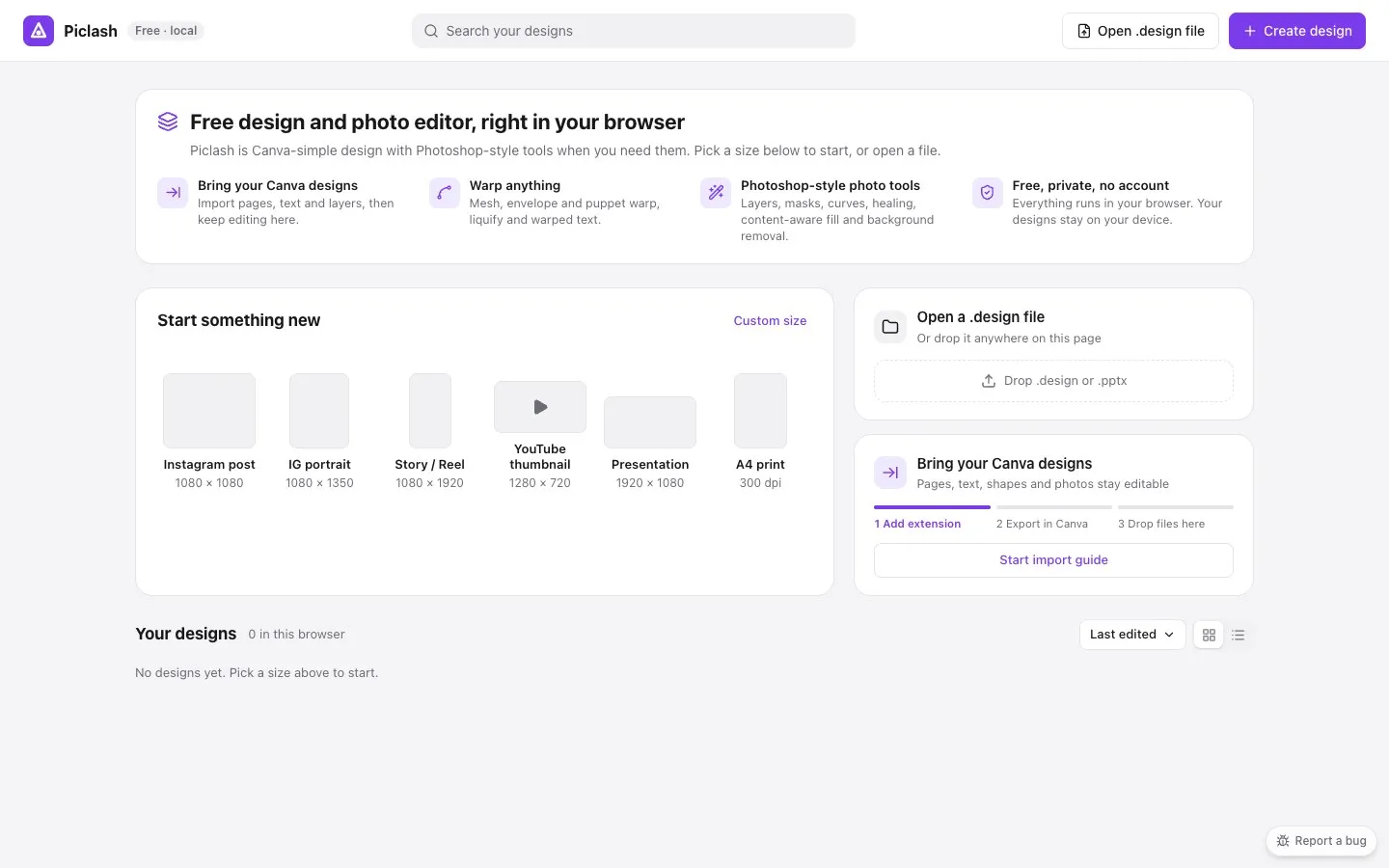Piclash's home screen. Designs are kept in this browser and backed up to files you control.