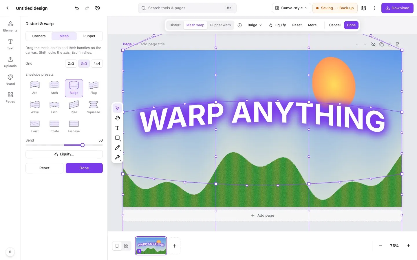 Mesh warp in Piclash, with a bulge preset applied to a photo and the grid ready to drag.