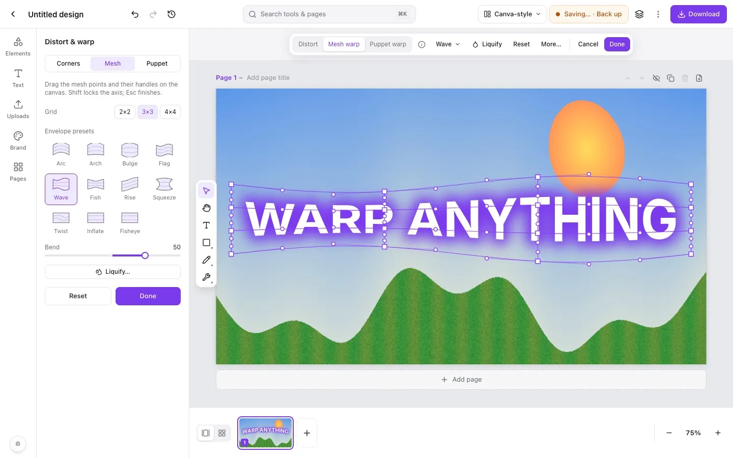 A wave warp on a glowing headline in Piclash, with the mesh showing.